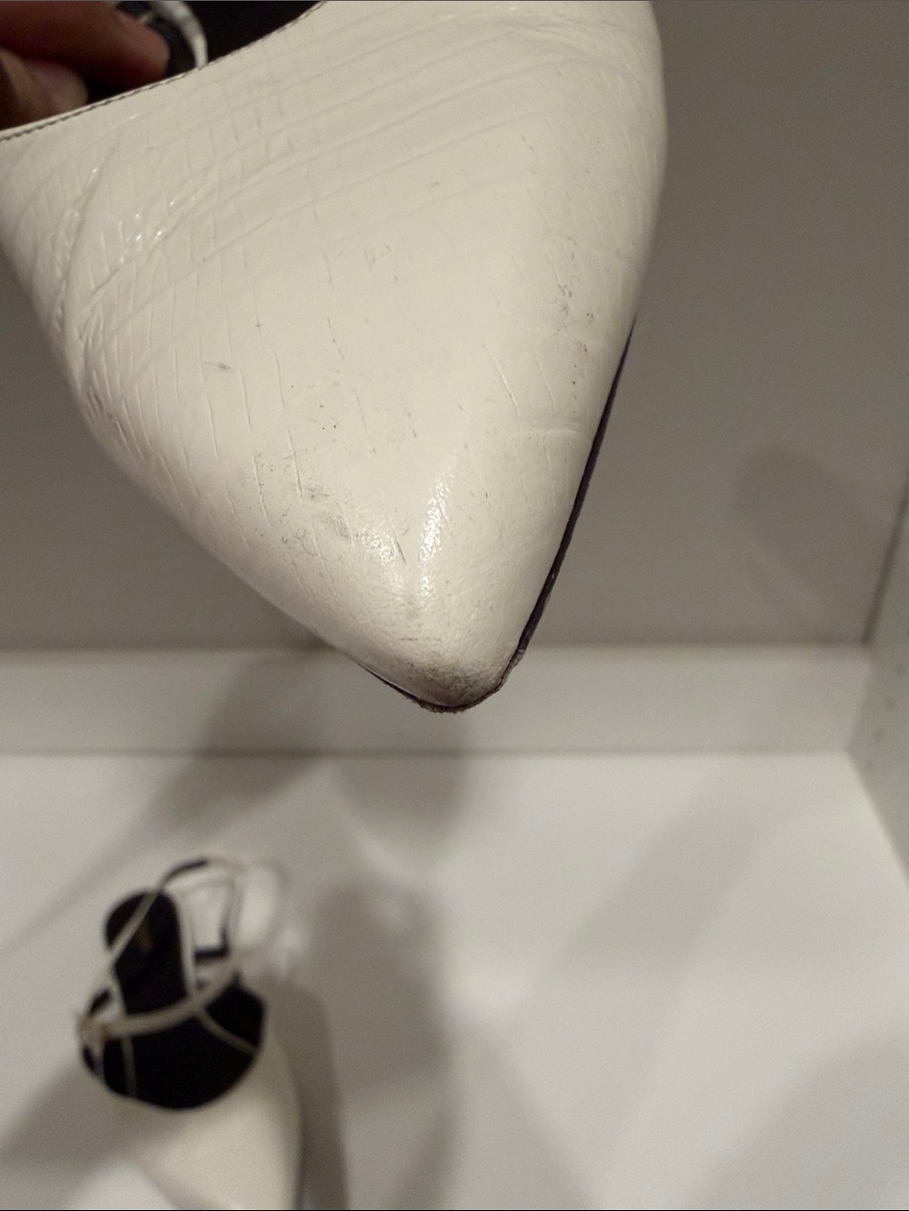 Celine White Pointed-Toe Croc-Embossed Ankle-Strap Flats - Picture 6 of 7
